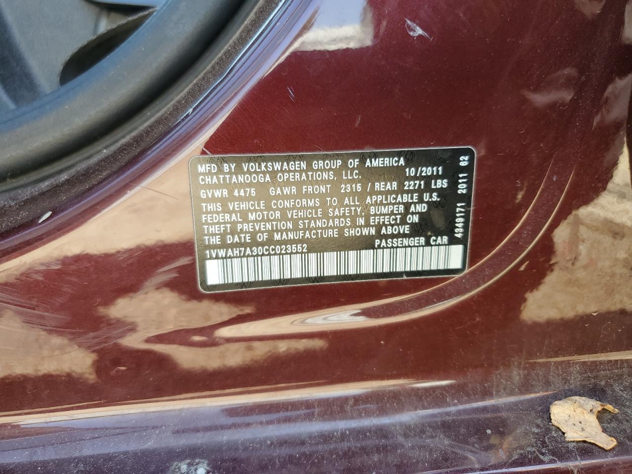 1VWAH7A30CC023552 2012 Volkswagen Passat S