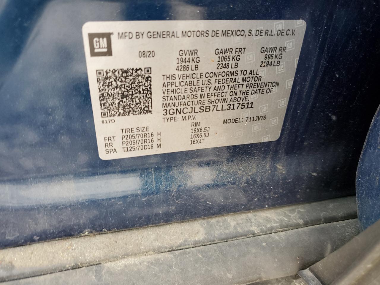 3GNCJLSB7LL317511 2020 Chevrolet Trax 1Lt