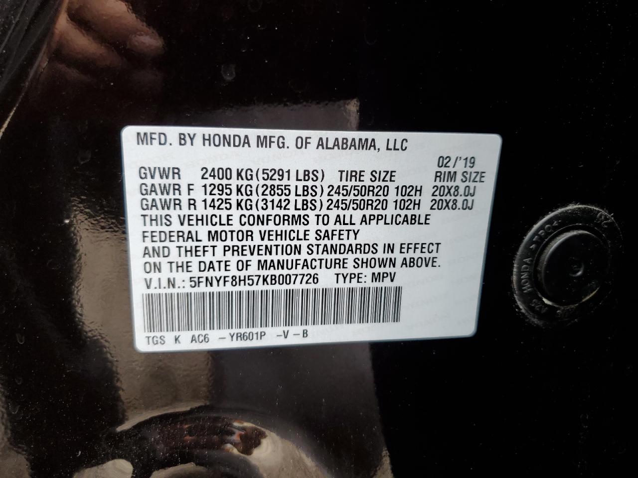 5FNYF8H57KB007726 2019 Honda Passport Exl