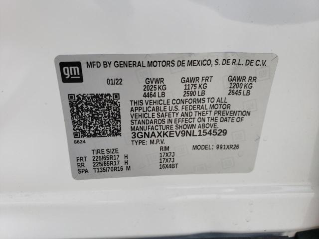 2022 Chevrolet Equinox Lt VIN: 3GNAXKEV9NL154529 Lot: 56493134