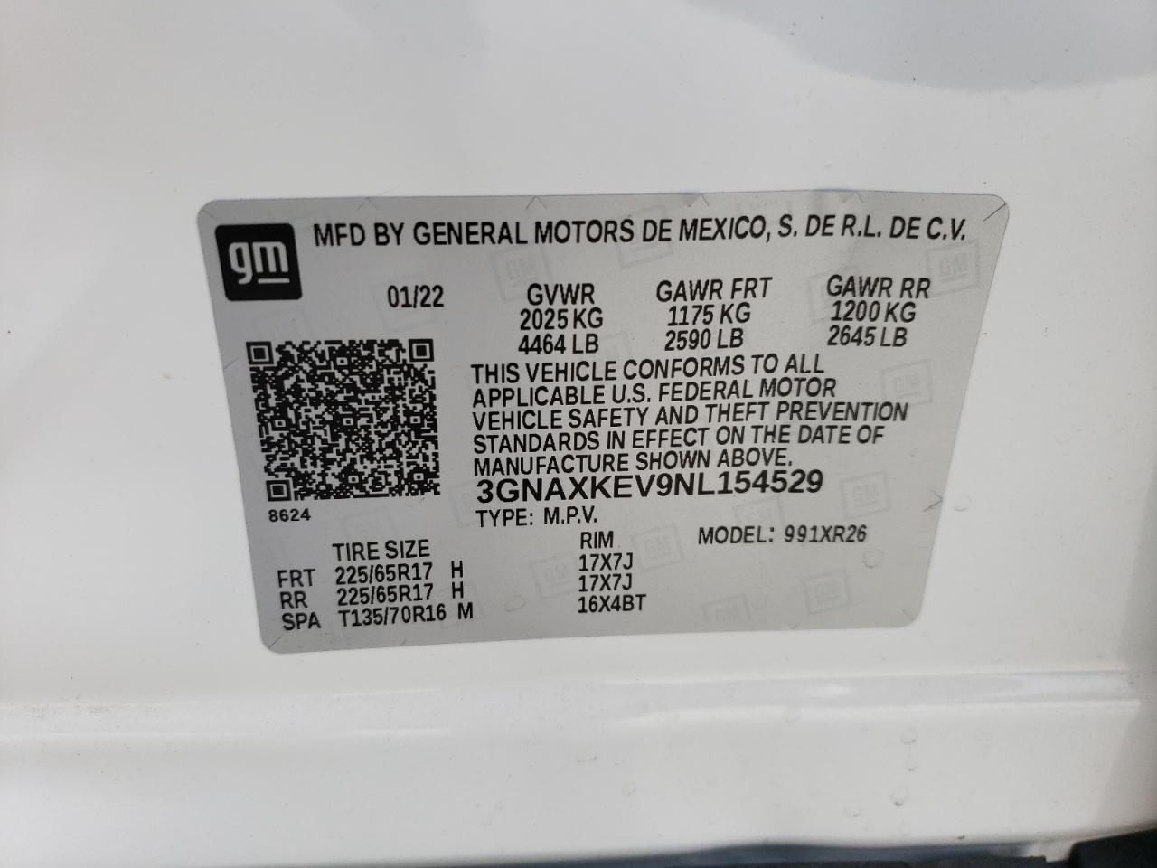 3GNAXKEV9NL154529 2022 Chevrolet Equinox Lt