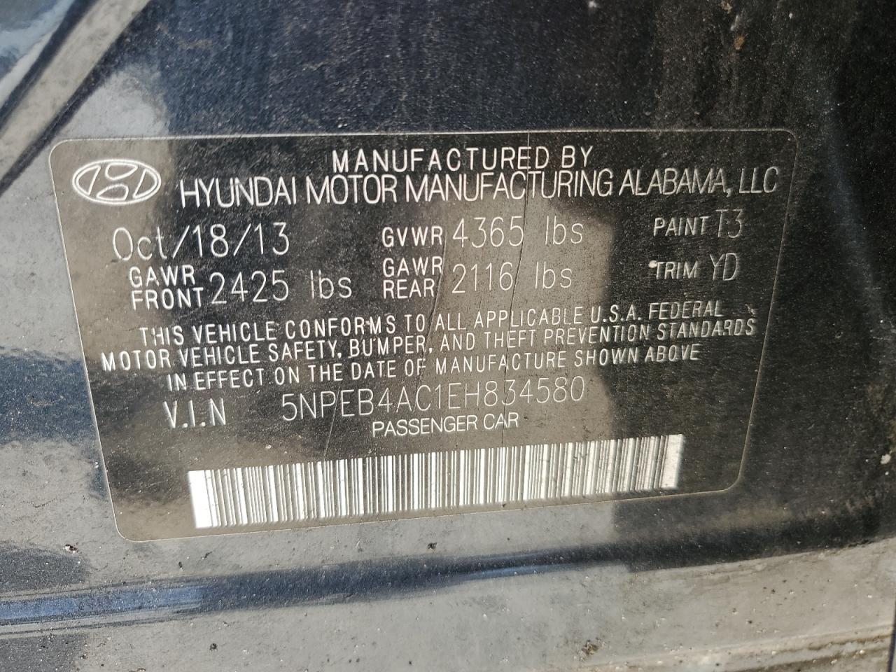 5NPEB4AC1EH834580 2014 Hyundai Sonata Gls