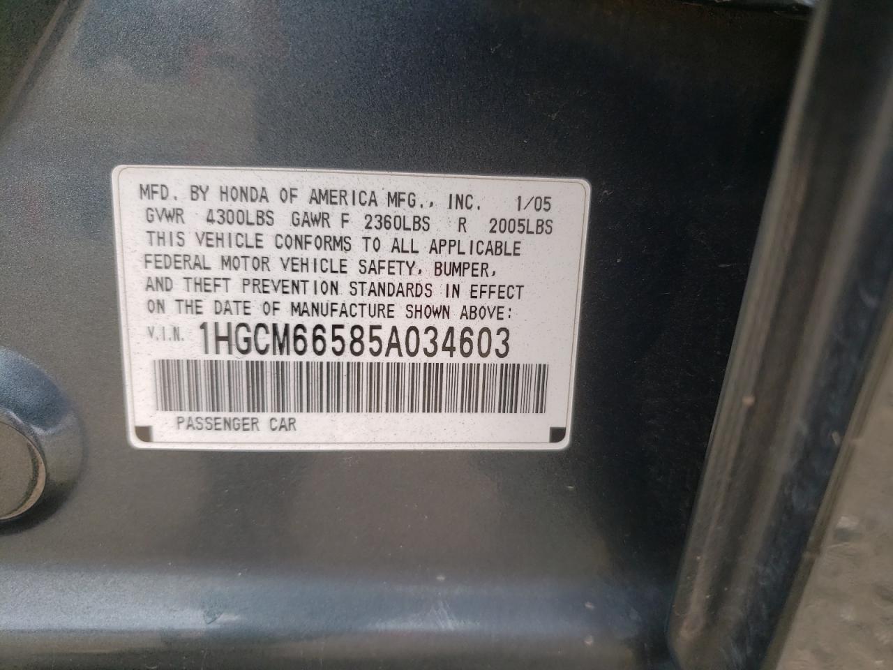 1HGCM66585A034603 2005 Honda Accord Ex