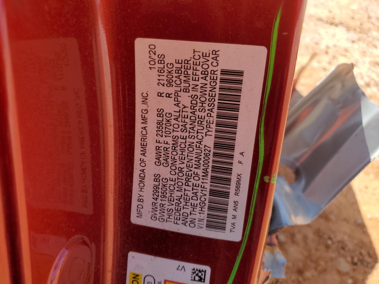 1HGCV1F11MA000627 2021 Honda Accord Lx