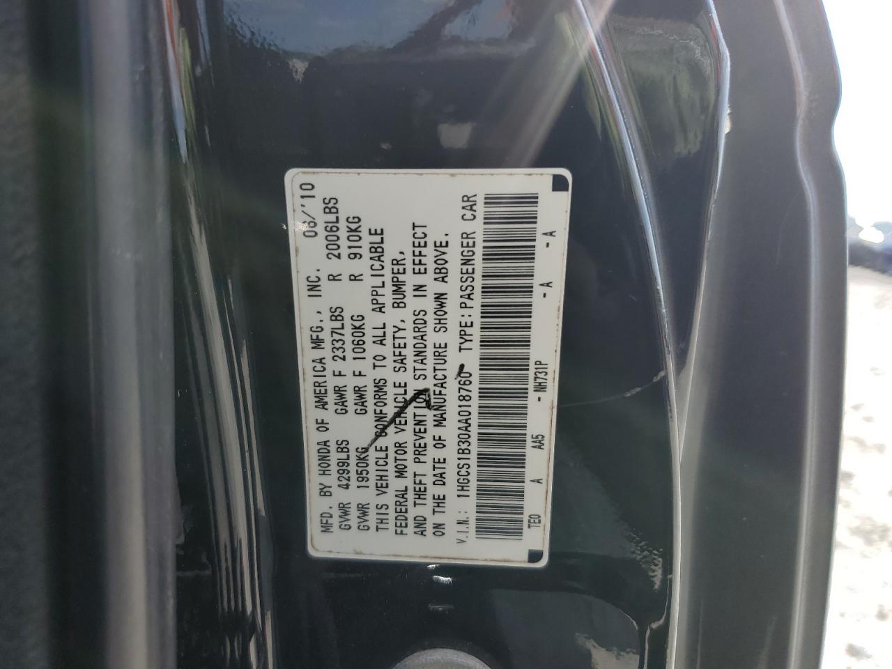 1HGCS1B30AA018760 2010 Honda Accord Lx