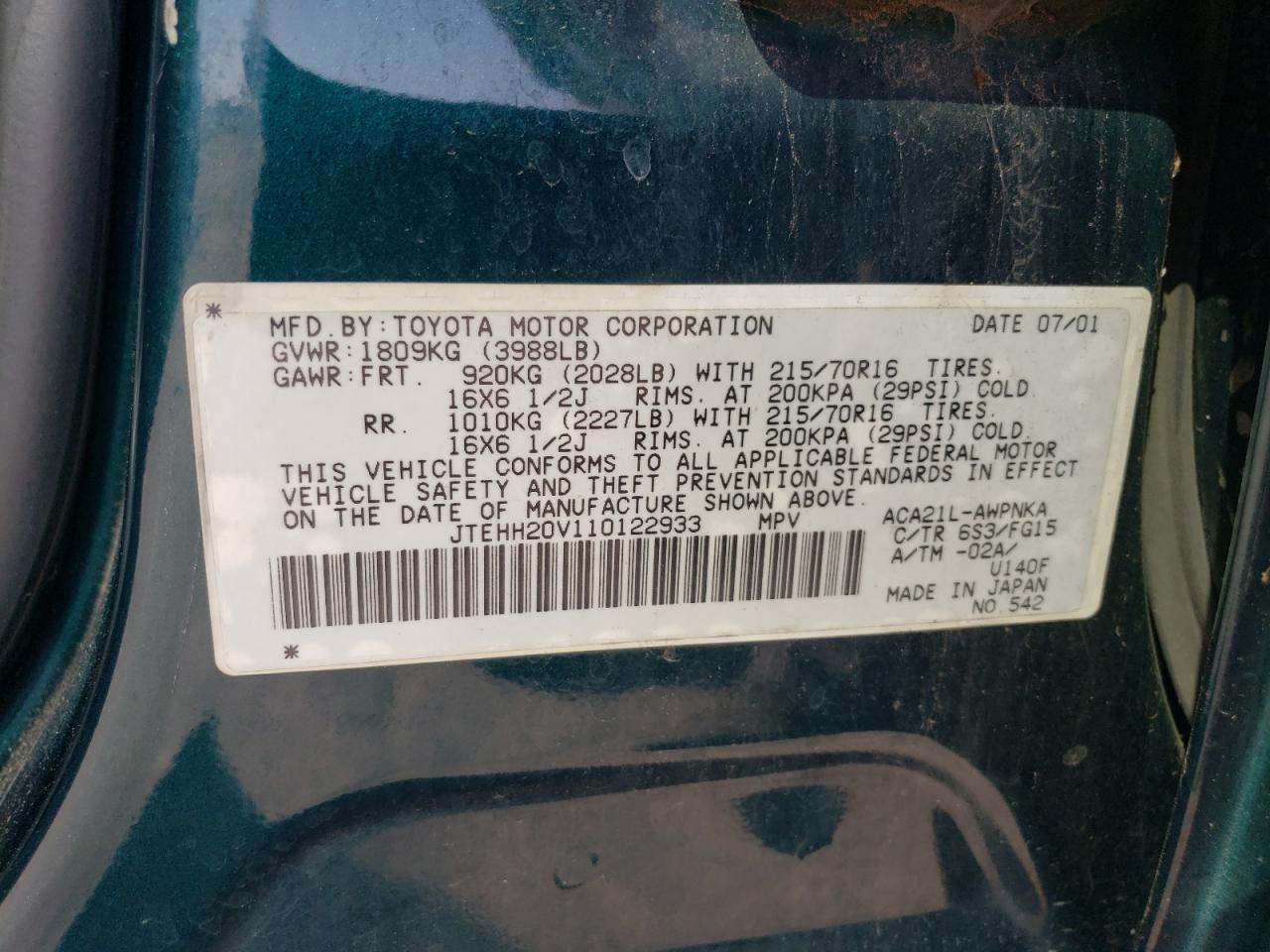 JTEHH20V110122933 2001 Toyota Rav4