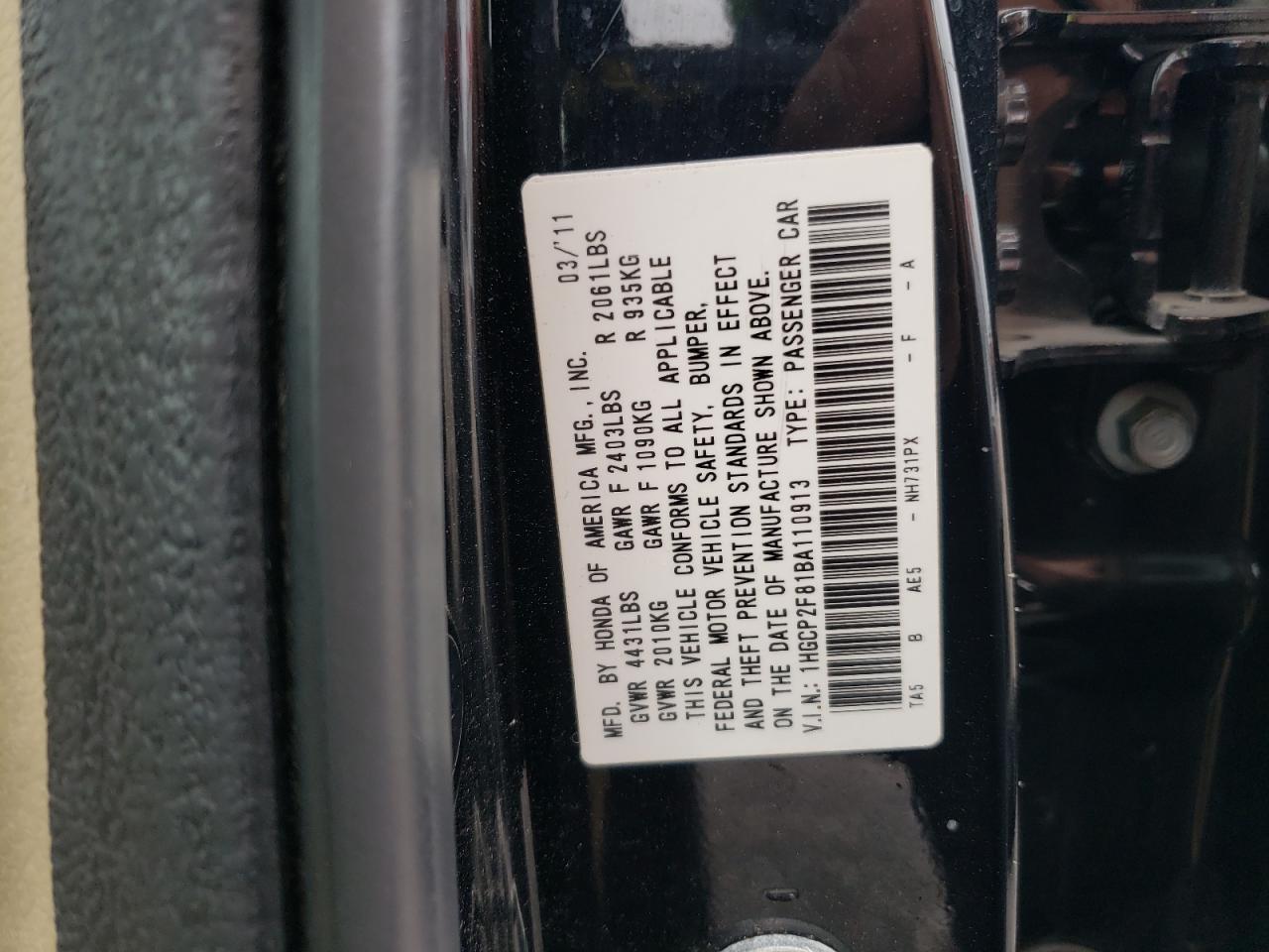 1HGCP2F81BA110913 2011 Honda Accord Exl