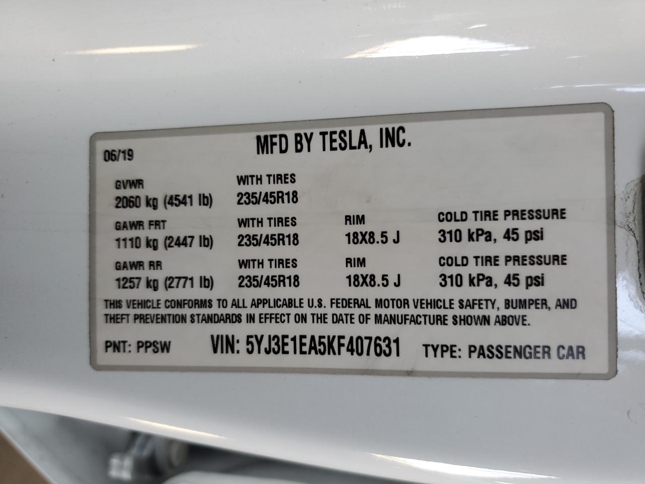 5YJ3E1EA5KF407631 2019 Tesla Model 3