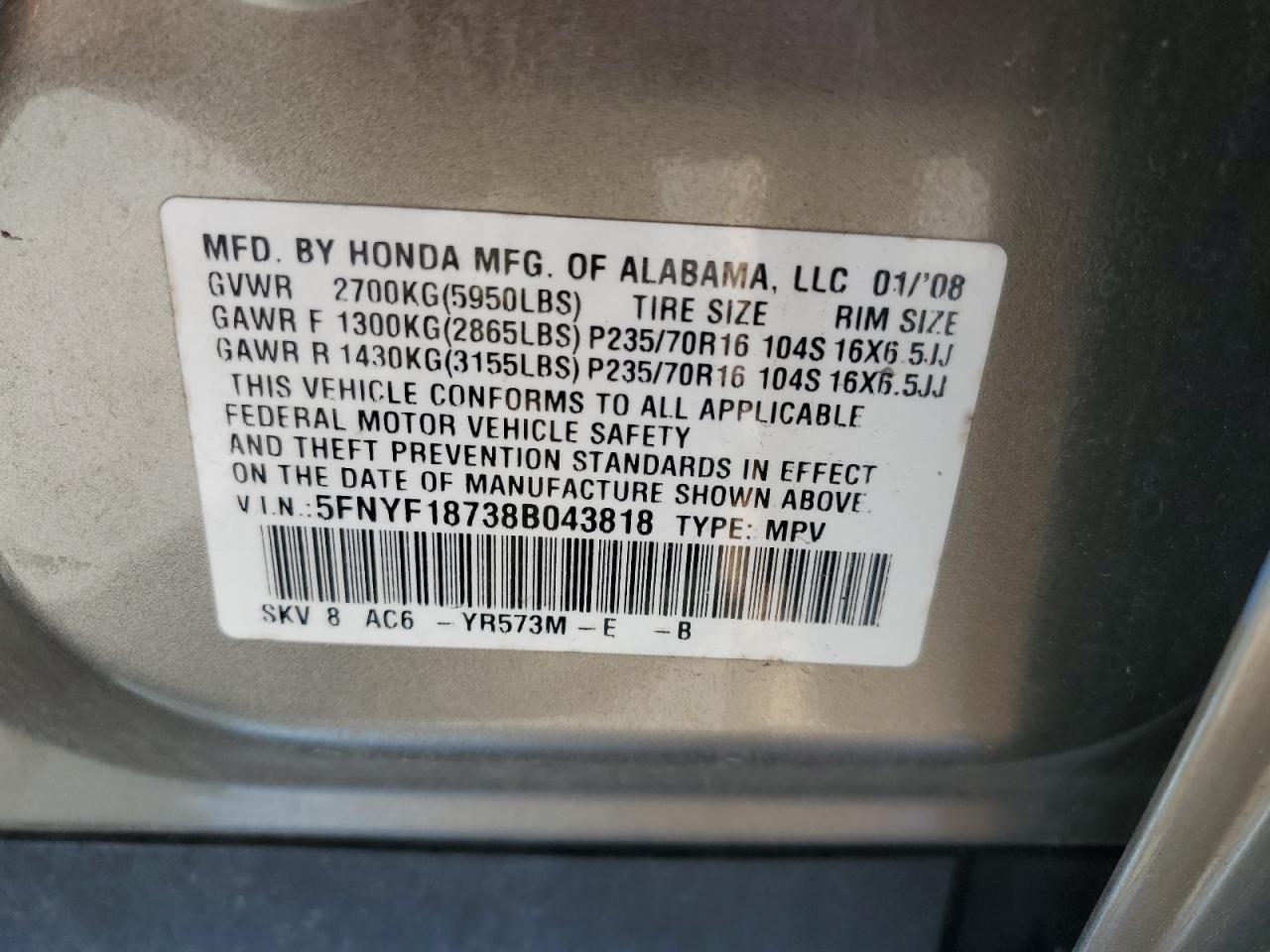 5FNYF18738B043818 2008 Honda Pilot Exl