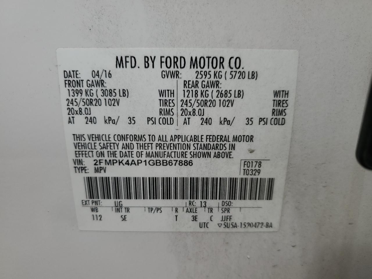 2FMPK4AP1GBB67886 2016 Ford Edge Sport