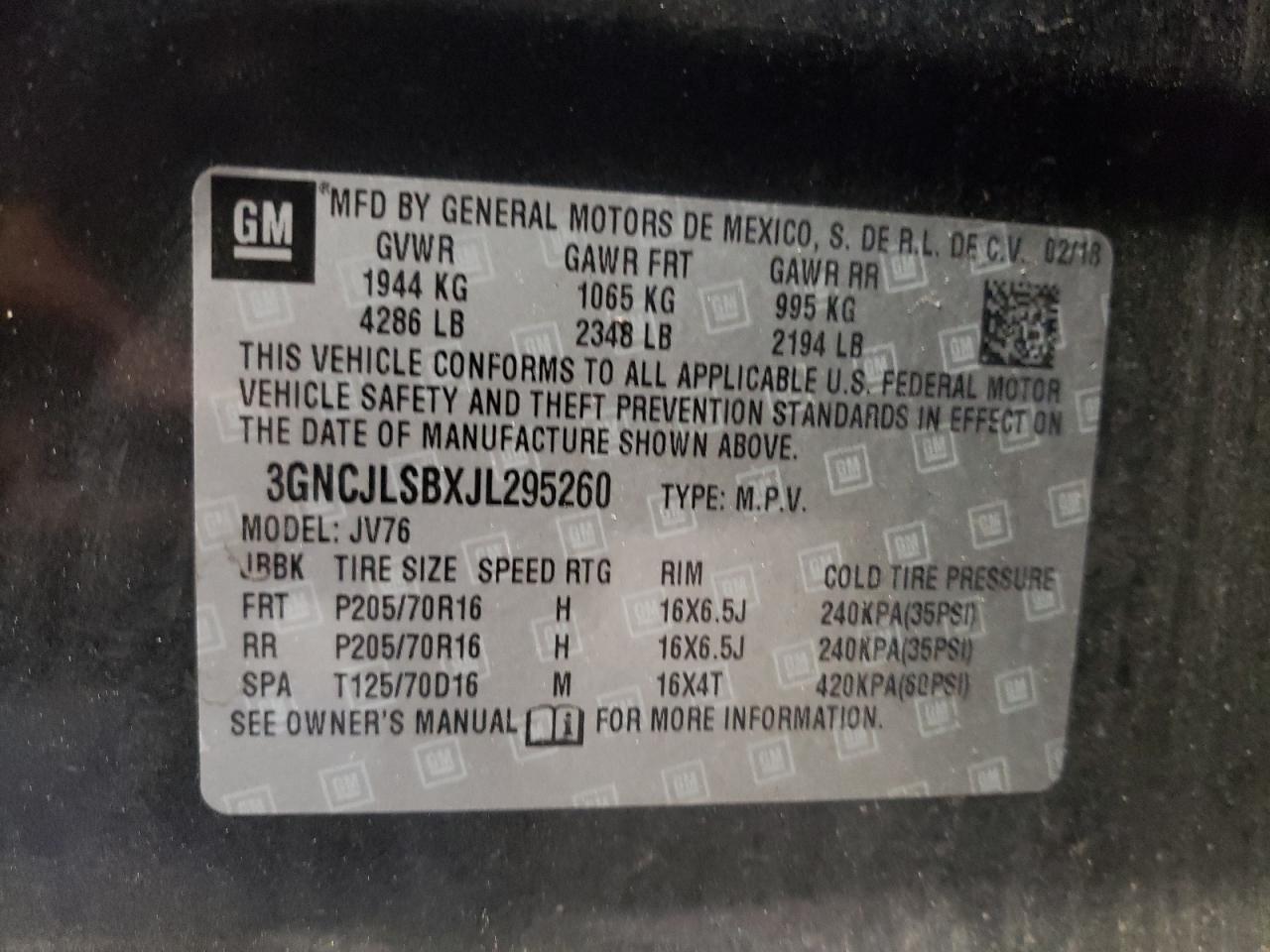 3GNCJLSBXJL295260 2018 Chevrolet Trax 1Lt