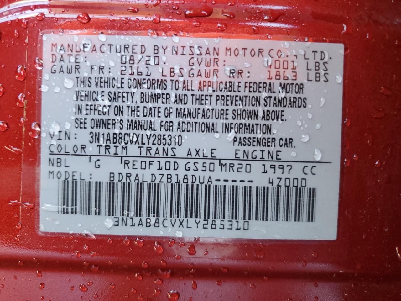 3N1AB8CVXLY285310 2020 Nissan Sentra Sv