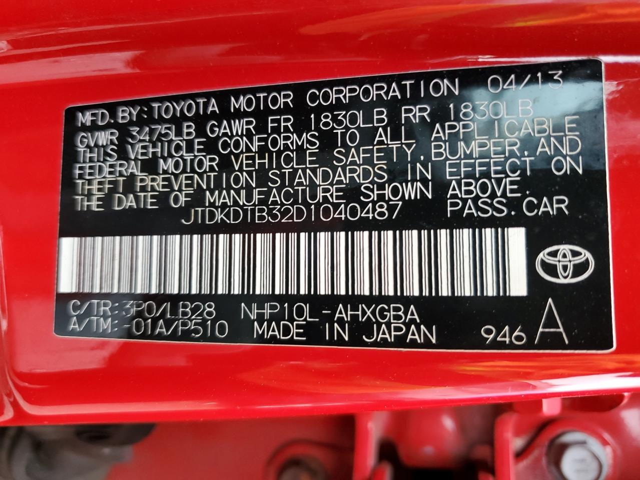 JTDKDTB32D1040487 2013 Toyota Prius C