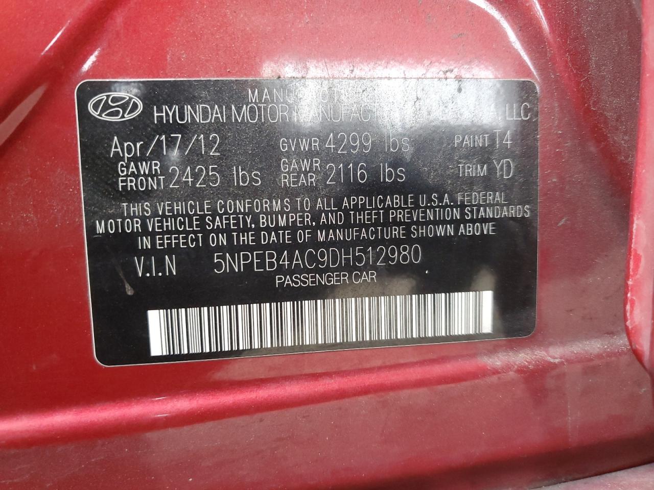 5NPEB4AC9DH512980 2013 Hyundai Sonata Gls