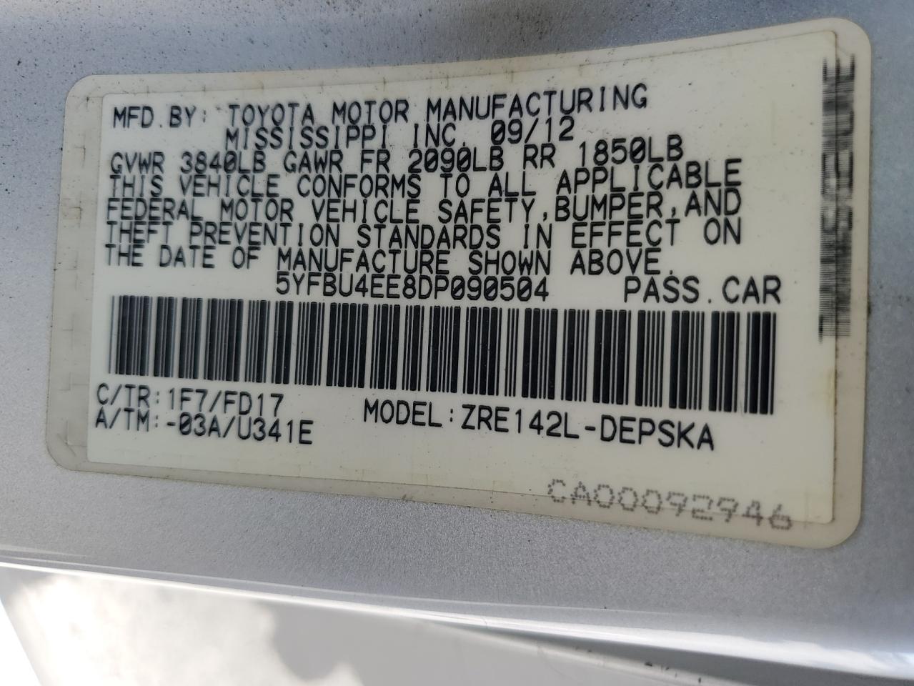 5YFBU4EE8DP090504 2013 Toyota Corolla Base