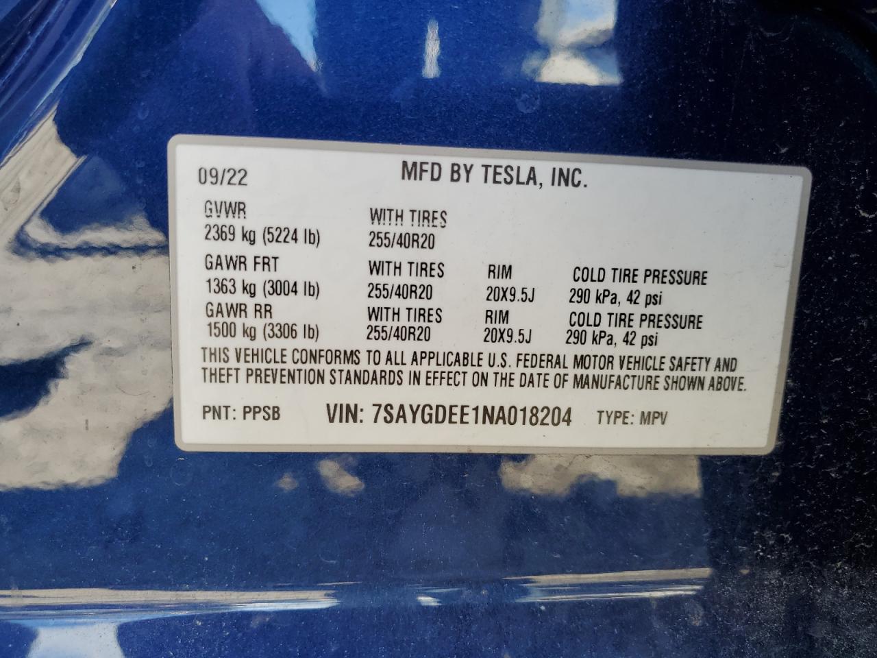 7SAYGDEE1NA018204 2022 Tesla Model Y