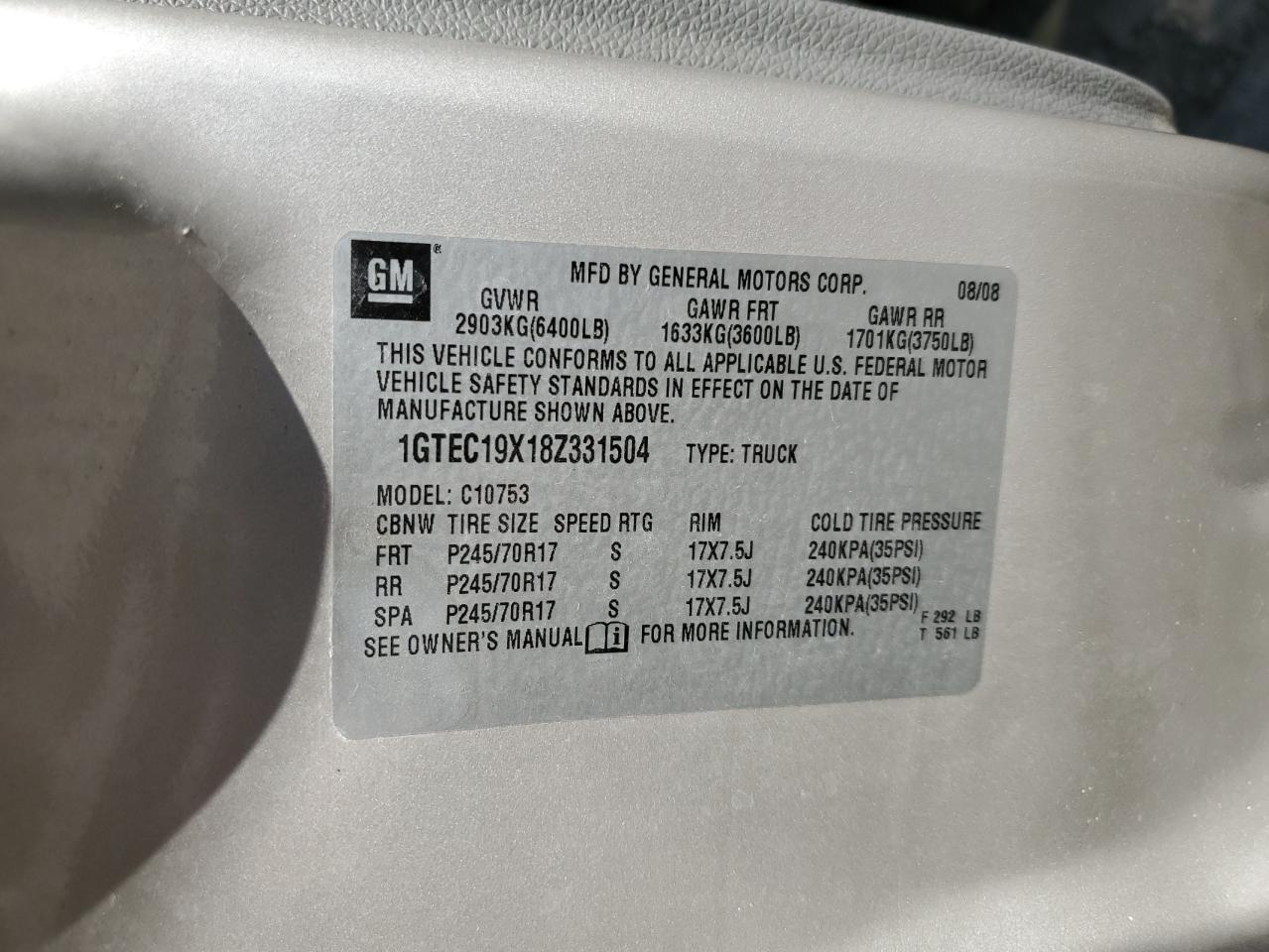 1GTEC19X18Z331504 2008 GMC Sierra C1500