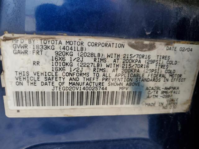 2004 Toyota Rav4 VIN: JTEGD20V140025744 Lot: 56154084