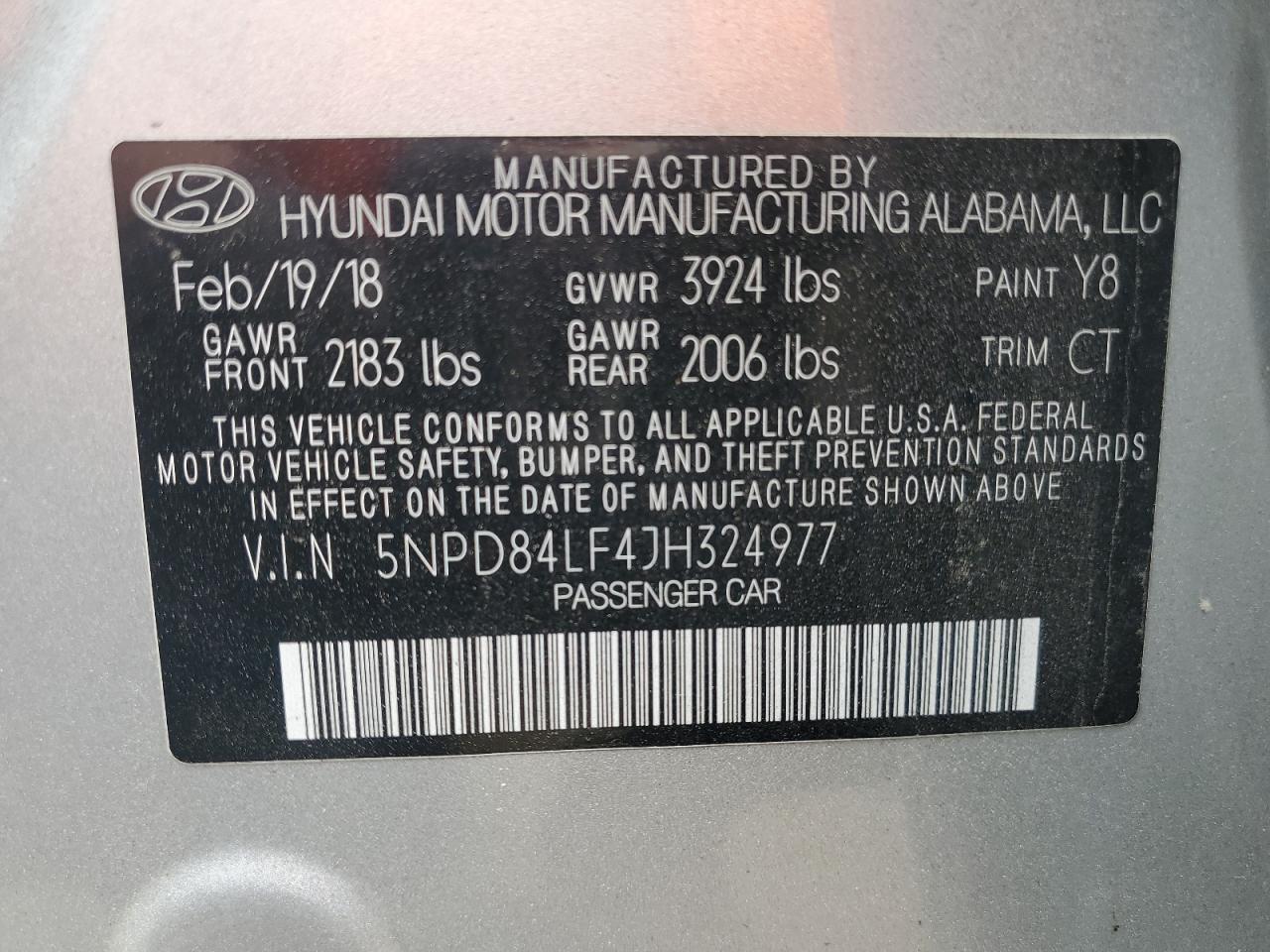 5NPD84LF4JH324977 2018 Hyundai Elantra Sel