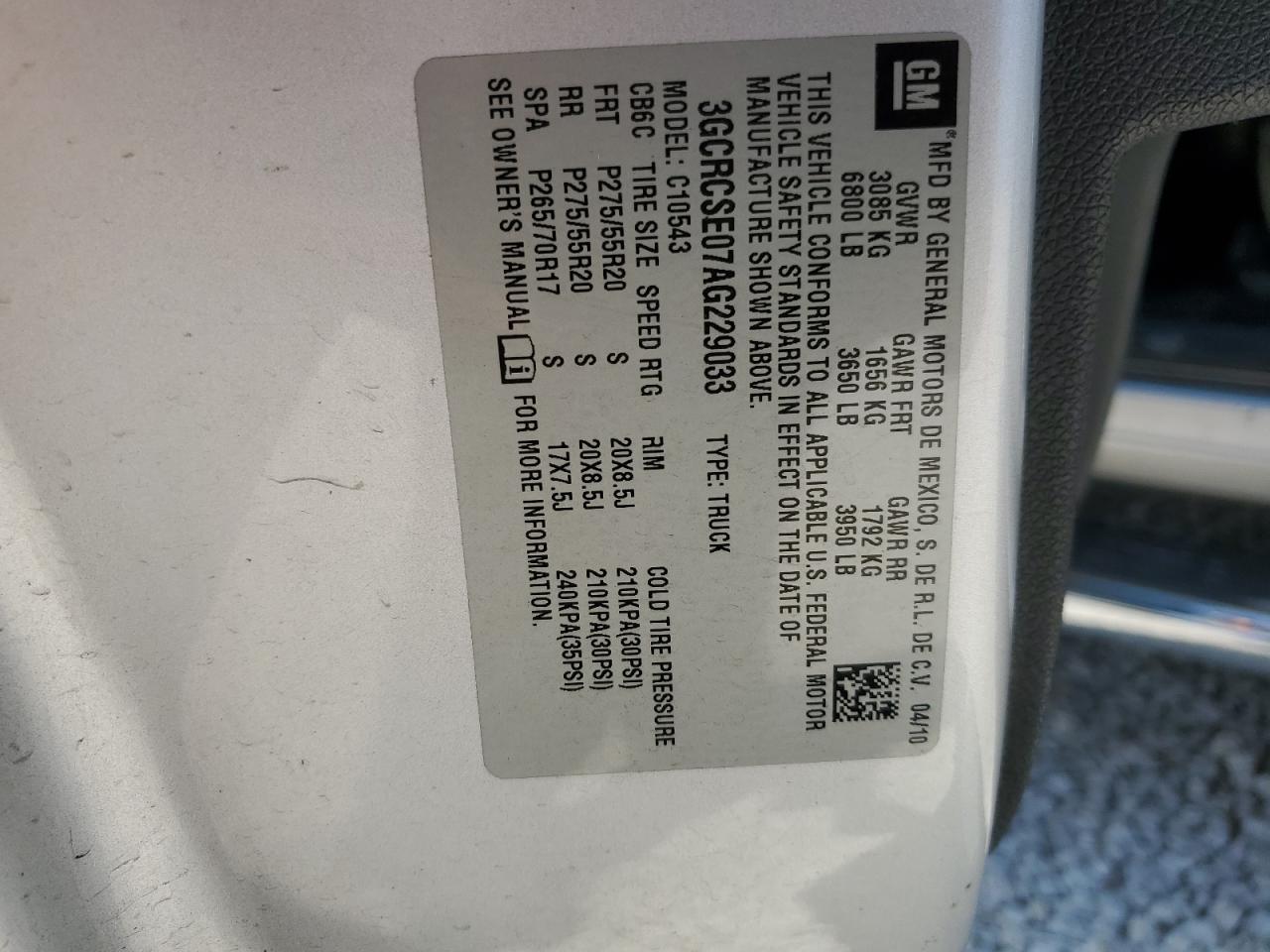 3GCRCSE07AG229033 2010 Chevrolet Silverado C1500 Lt