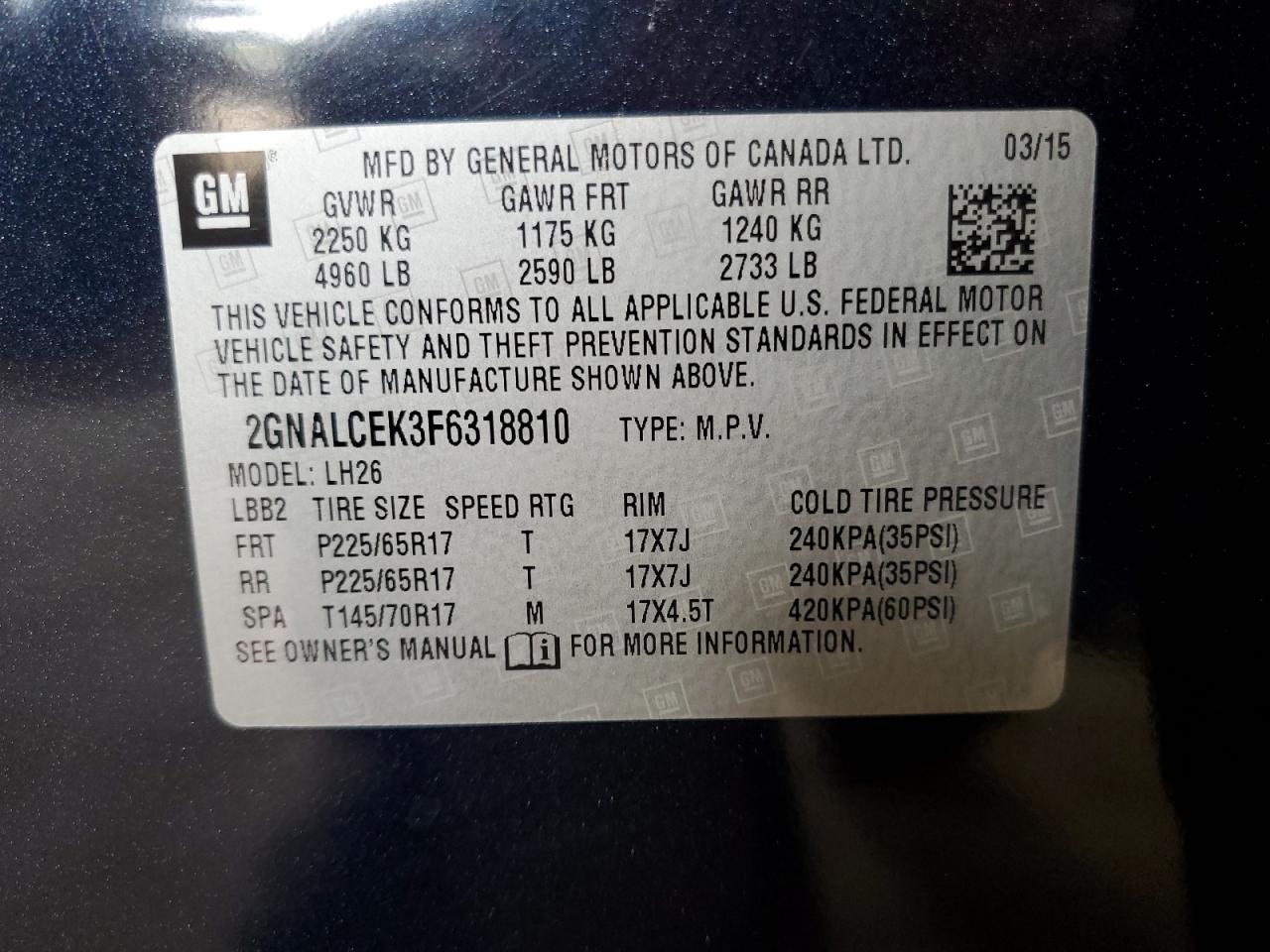 2GNALCEK3F6318810 2015 Chevrolet Equinox Lt