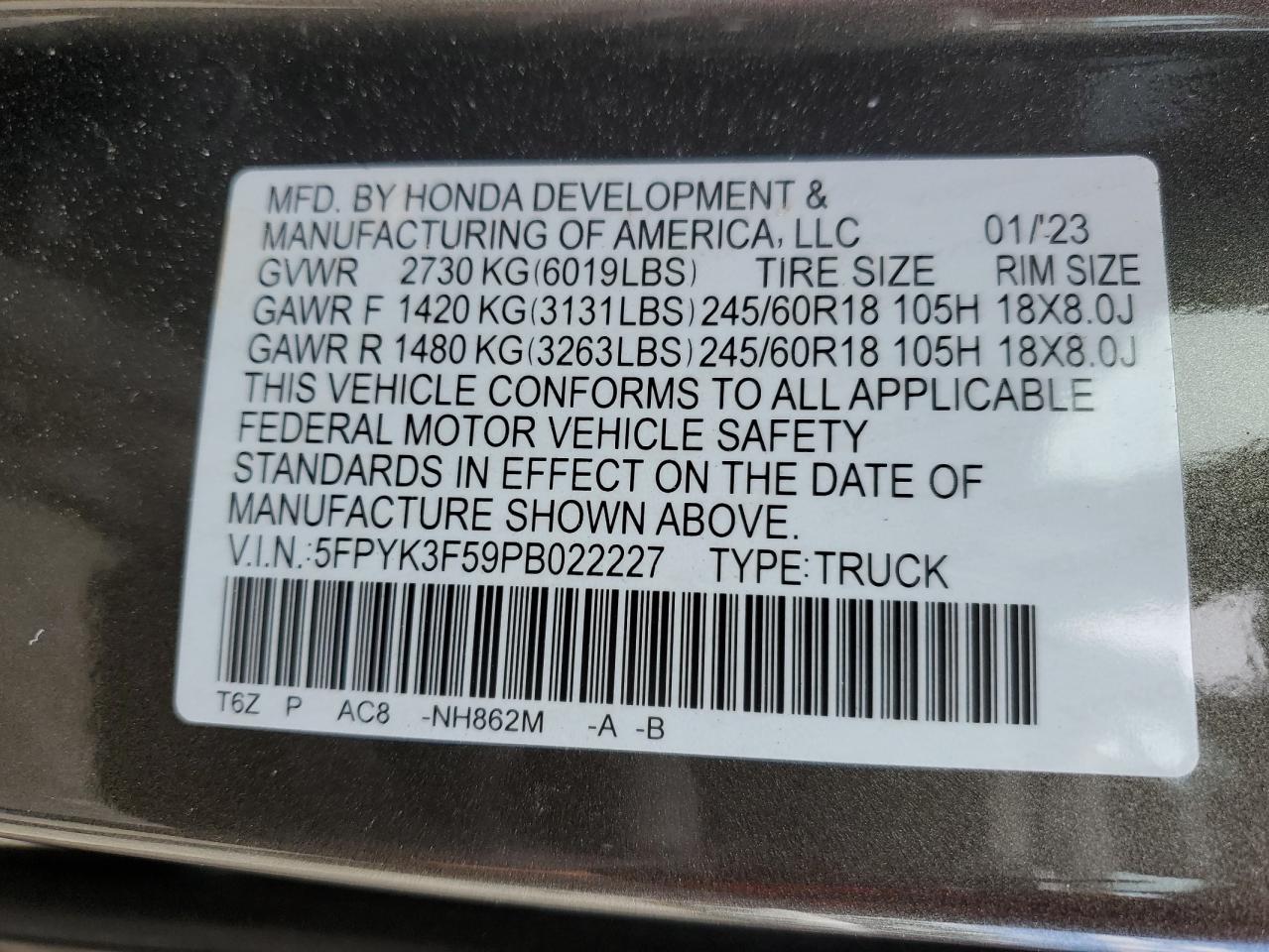 5FPYK3F59PB022227 2023 Honda Ridgeline Rtl