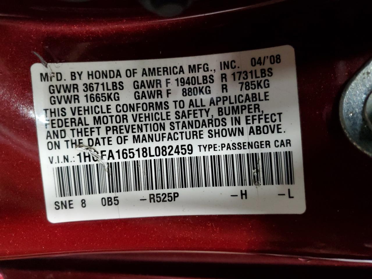 1HGFA16518L082459 2008 Honda Civic Lx