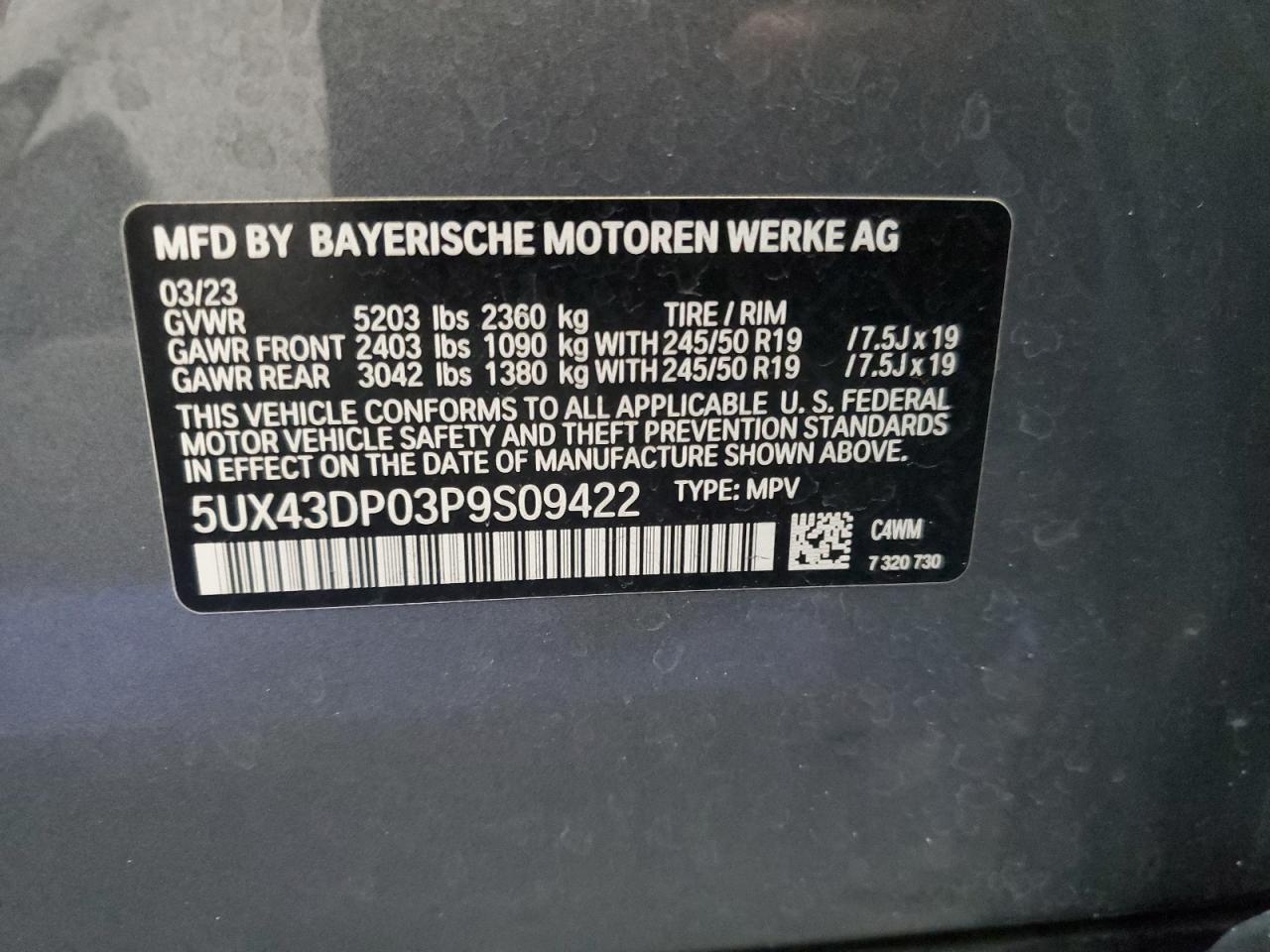 5UX43DP03P9S09422 2023 BMW X3 Sdrive30I