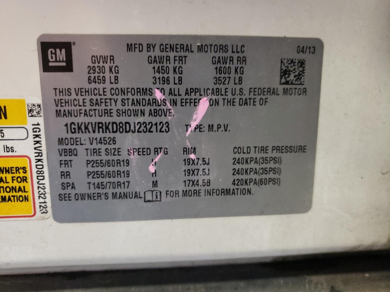 1GKKVRKD8DJ232123 2013 GMC Acadia Slt-1