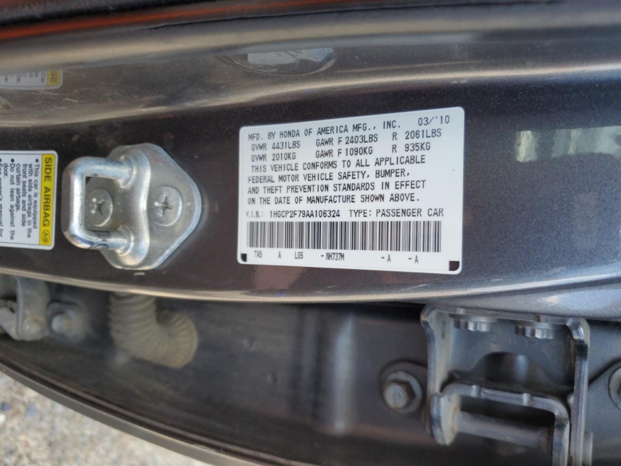 1HGCP2F79AA106324 2010 Honda Accord Ex