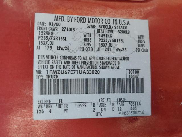 2001 Ford Explorer Sport Trac VIN: 1FMZU67E71UA33020 Lot: 57168874