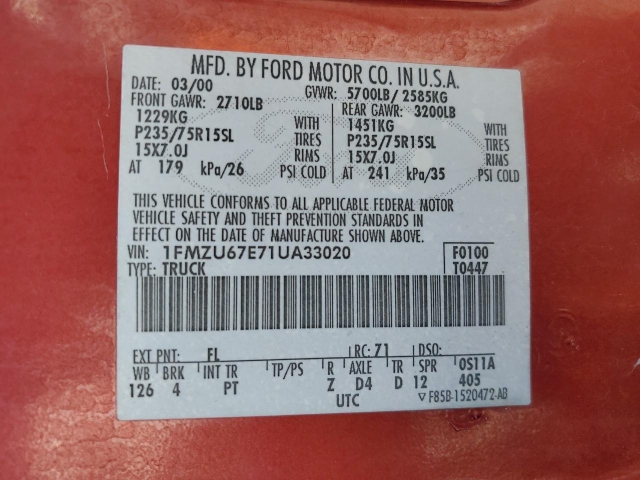 1FMZU67E71UA33020 2001 Ford Explorer Sport Trac