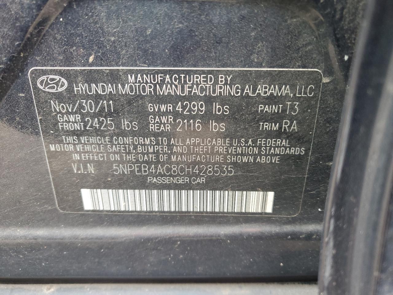 5NPEB4AC8CH428535 2012 Hyundai Sonata Gls