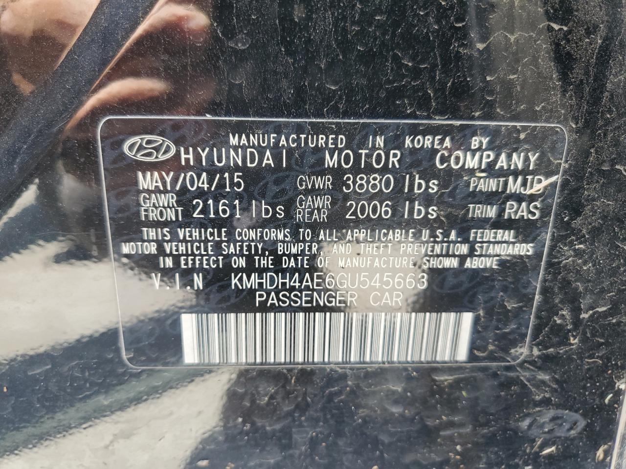 KMHDH4AE6GU545663 2016 Hyundai Elantra Se