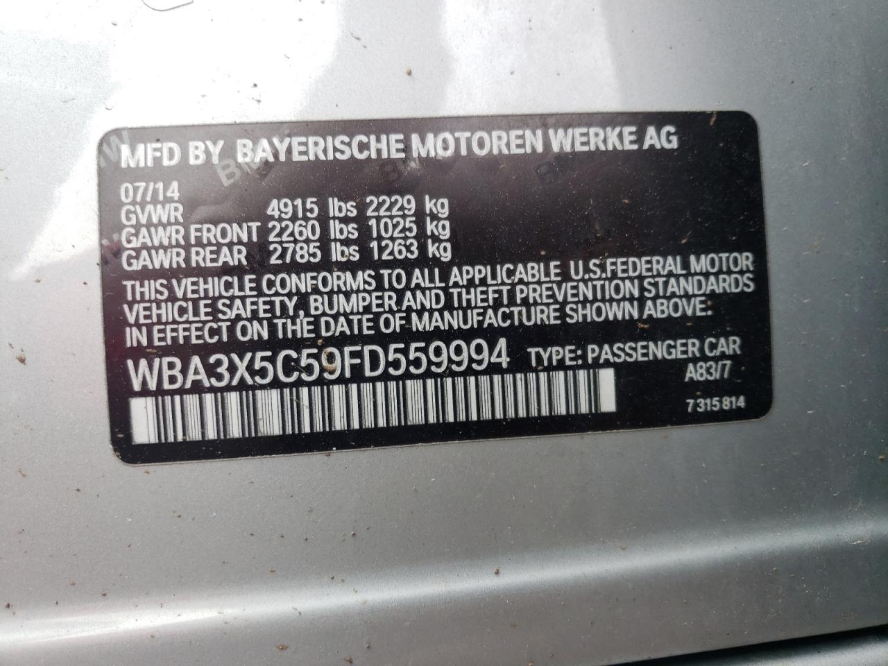 WBA3X5C59FD559994 2015 BMW 328 Xigt