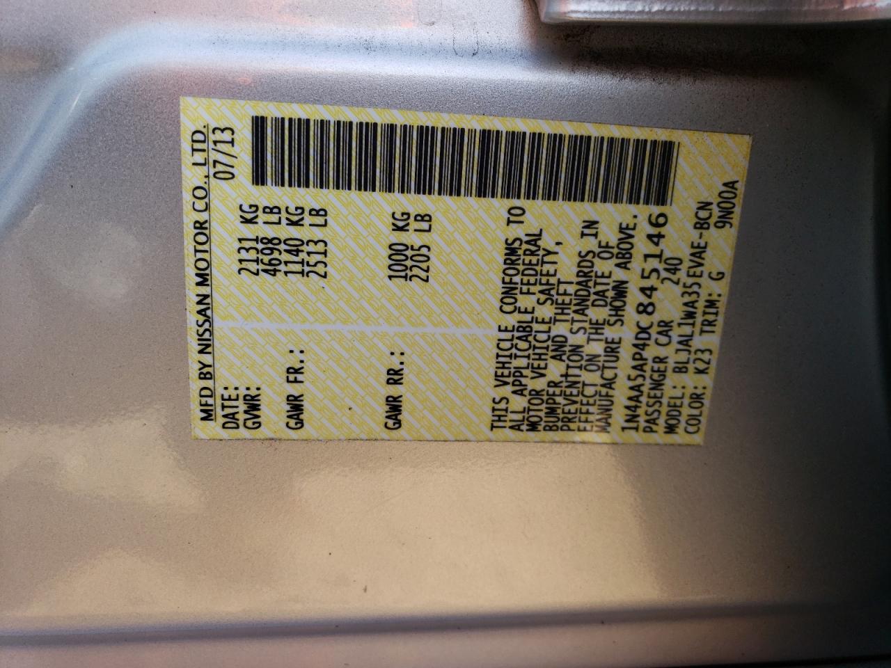 1N4AA5AP4DC845146 2013 Nissan Maxima S