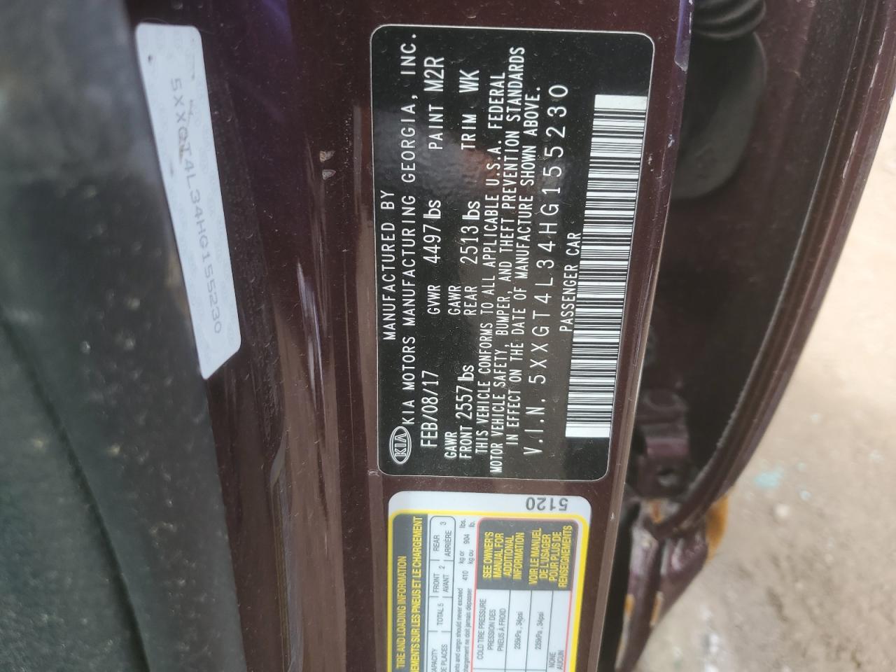 5XXGT4L34HG155230 2017 Kia Optima Lx