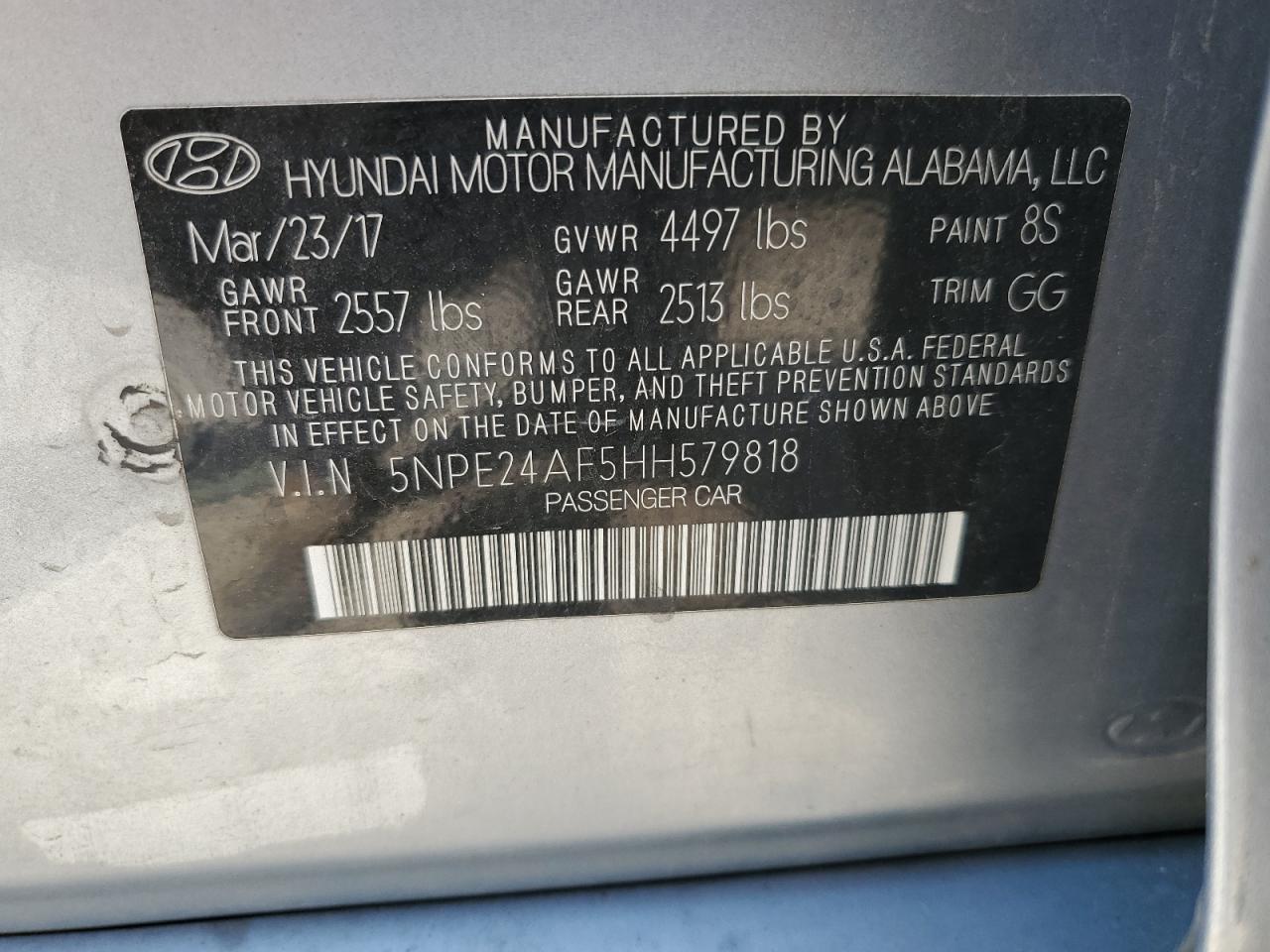 5NPE24AF5HH579818 2017 Hyundai Sonata Se