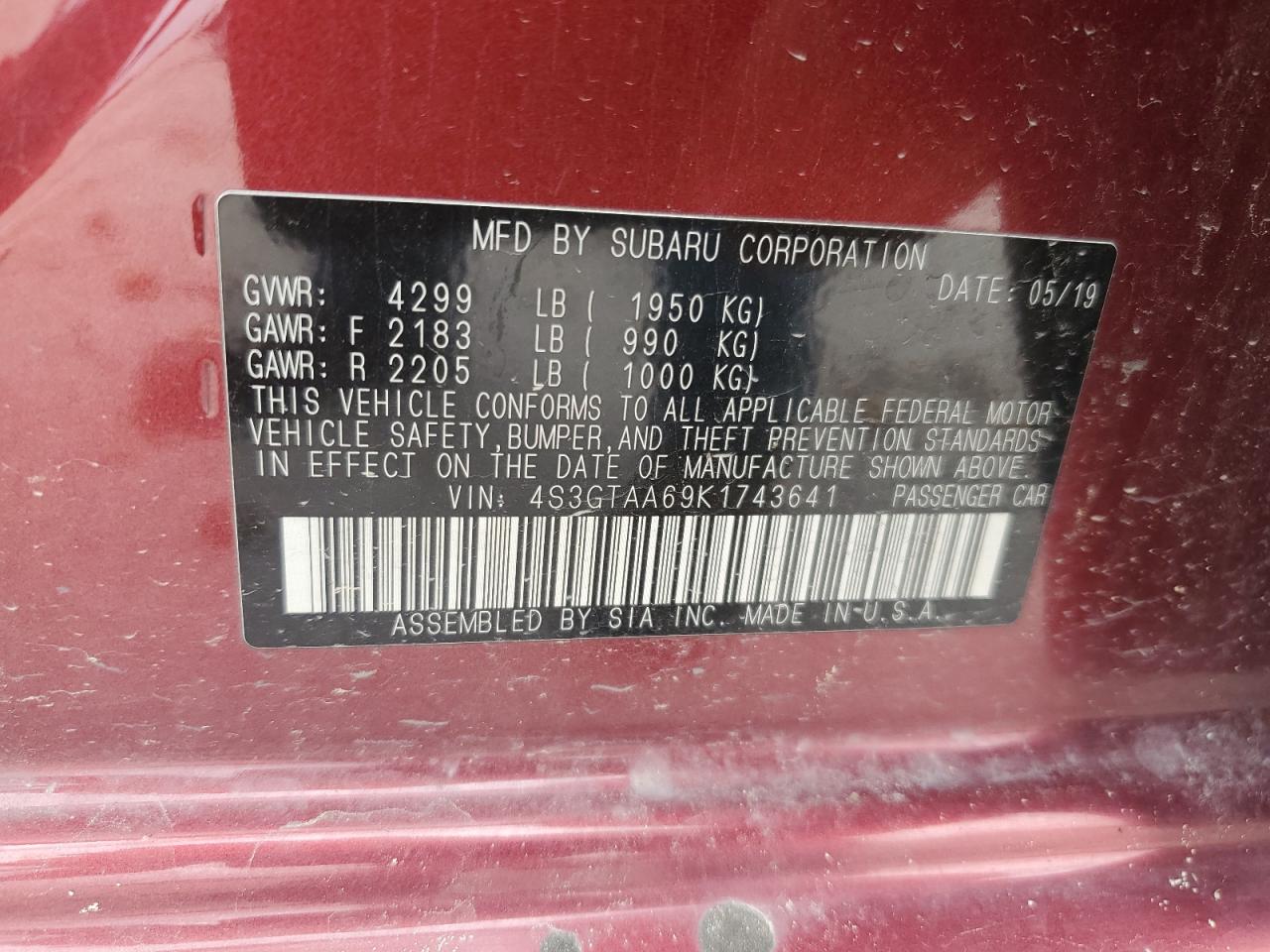 4S3GTAA69K1743641 2019 Subaru Impreza