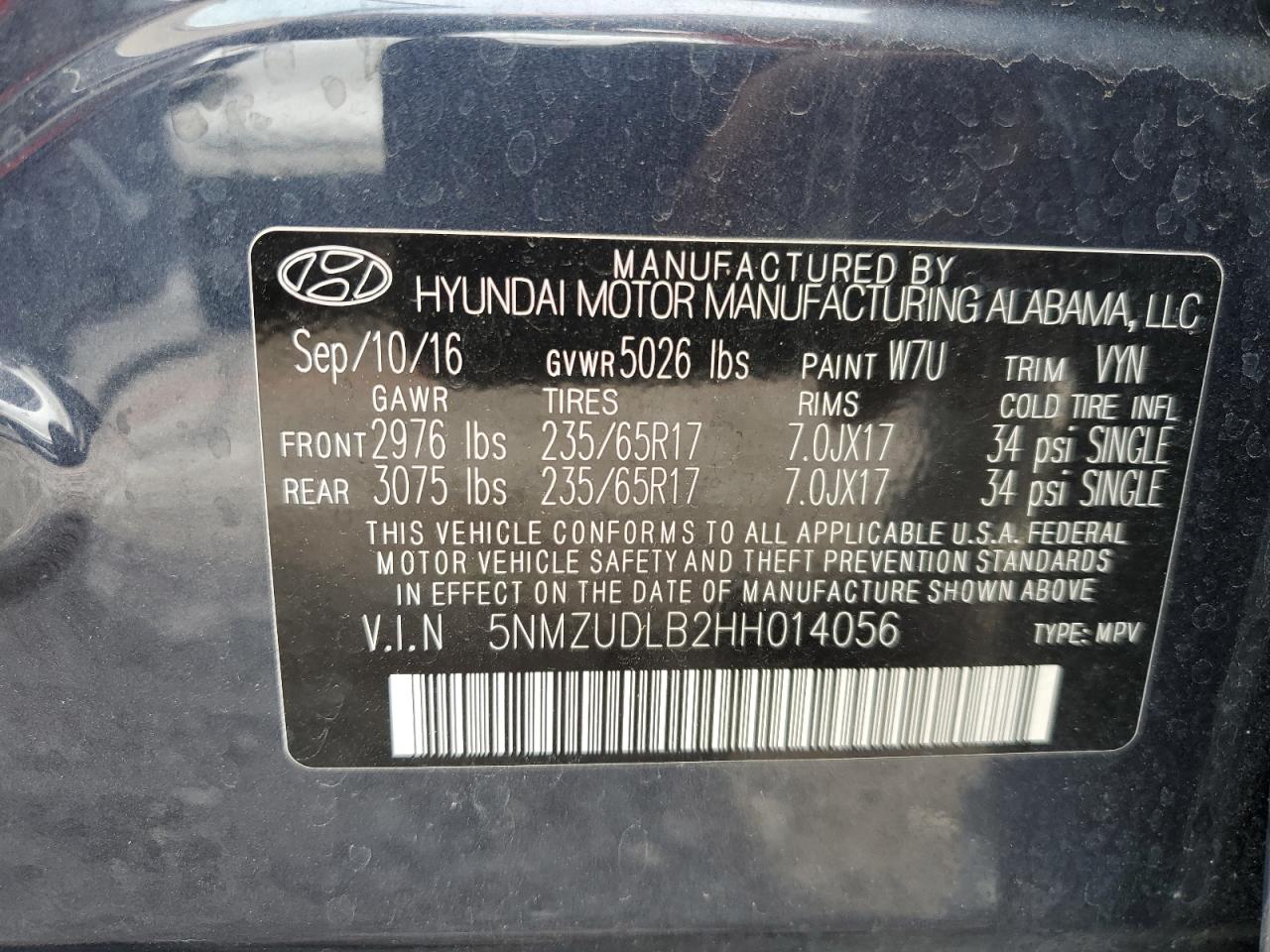 5NMZUDLB2HH014056 2017 Hyundai Santa Fe Sport