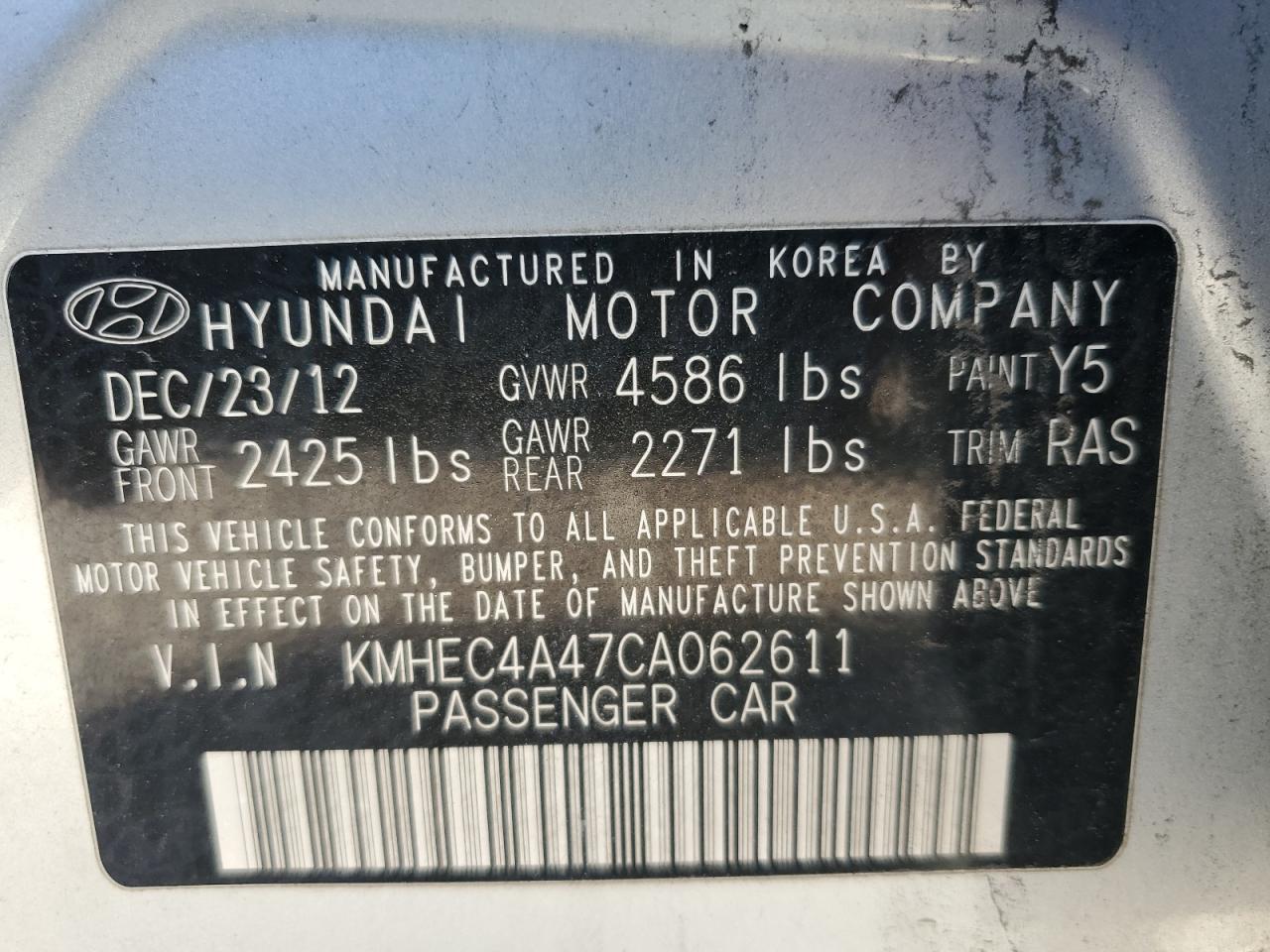 KMHEC4A47CA062611 2012 Hyundai Sonata Hybrid