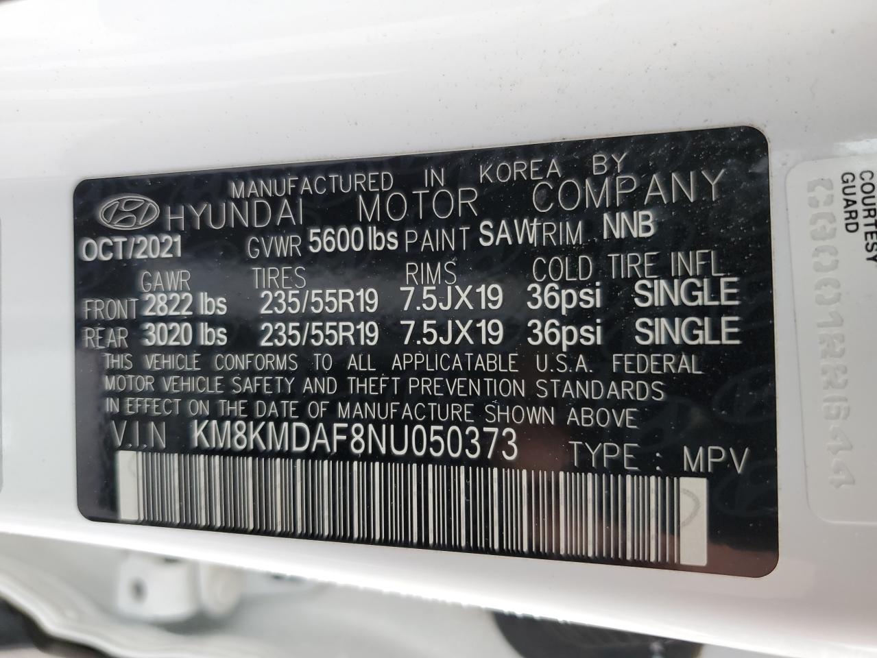 KM8KMDAF8NU050373 2022 Hyundai Ioniq 5 Se