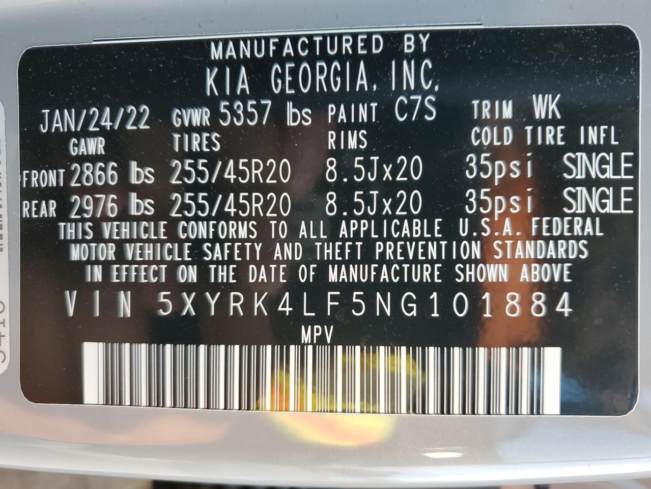 5XYRK4LF5NG101884 2022 Kia Sorento Sx