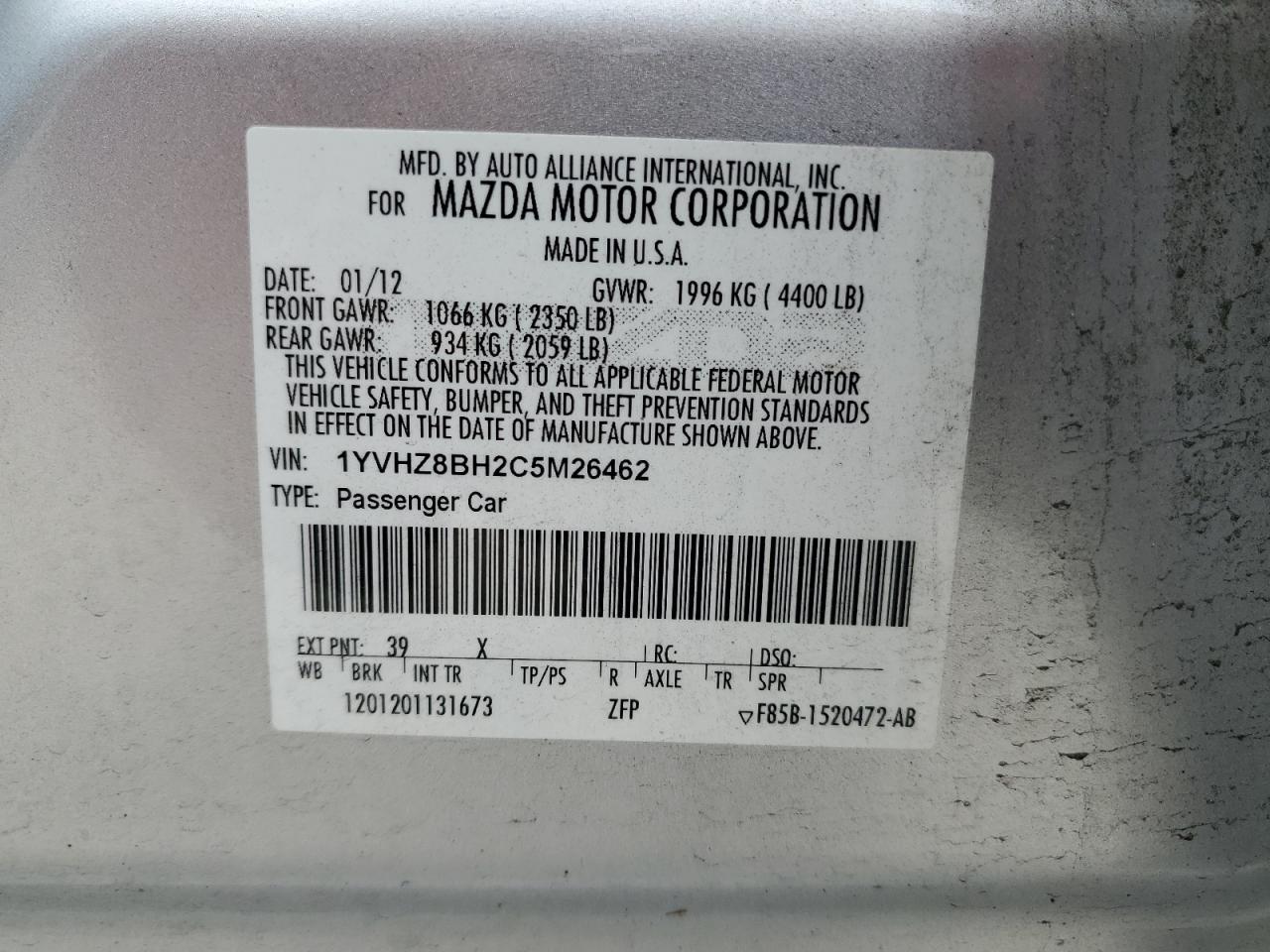 1YVHZ8BH2C5M26462 2012 Mazda 6 I