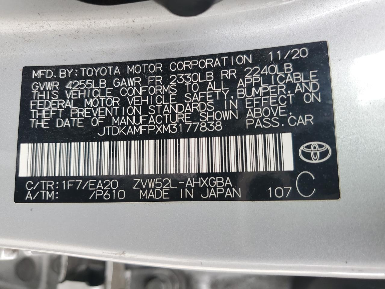 JTDKAMFPXM3177838 2021 Toyota Prius Prime Le