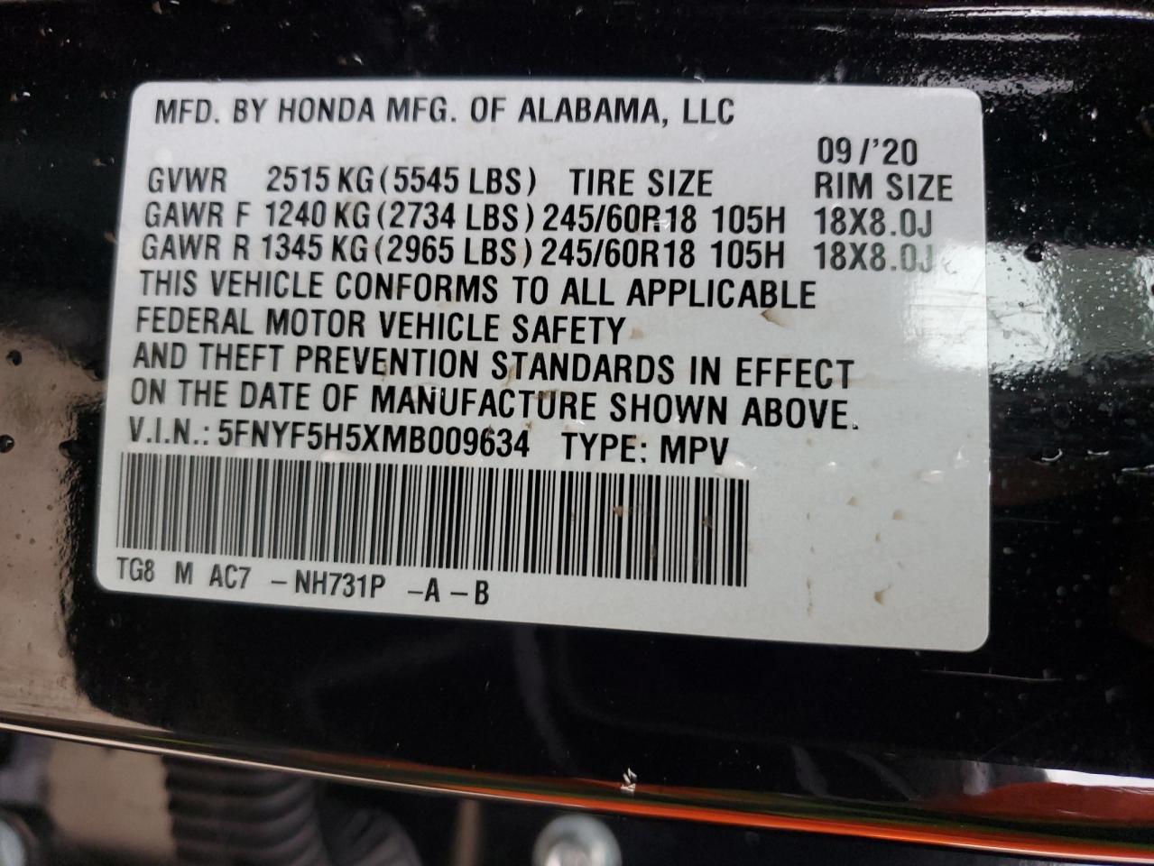 5FNYF5H5XMB009634 2021 Honda Pilot Exl