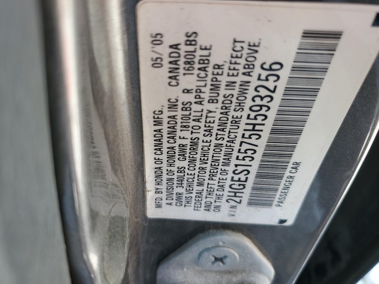 2HGES15575H593256 2005 Honda Civic Lx