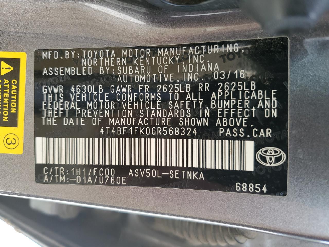 4T4BF1FK0GR568324 2016 Toyota Camry Le