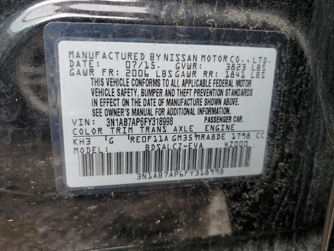 3N1AB7AP6FY318998 2015 Nissan Sentra S