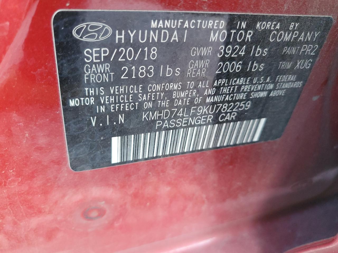 KMHD74LF9KU782259 2019 Hyundai Elantra Se